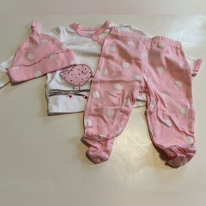 GERBER PINK BIRD LONG SLEEVE FOOTIE PANTS 3 PC SIZE 0-3 MOS HAT SET